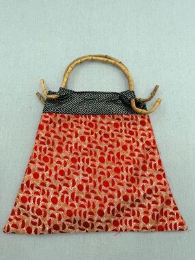 Red and Gold Patterned Handbag with Bamboo Handle